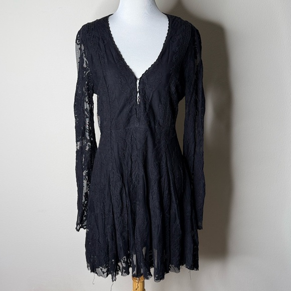 Free People Black Reign Over Me Lace Mini Flare Dress - Picture 2 of 8